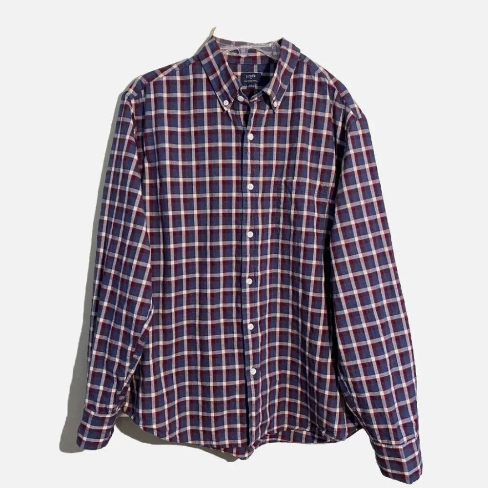 J.Crew Men's Heathered Cotton Blue Red White Plaid Pocket Button Up Shirt Size L